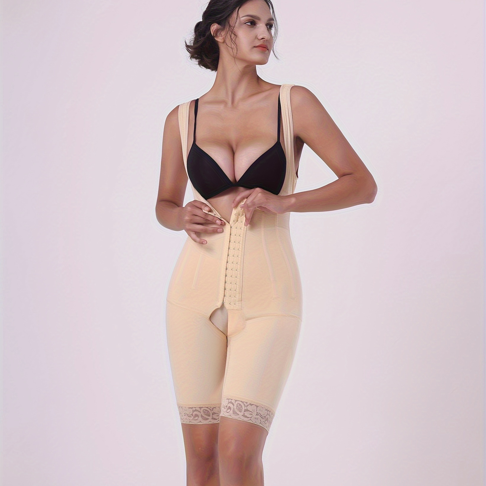 Women's Sexy Shapewear Bodysuit, Plus Size Contrast Lace Trim Tummy Control  Crotchless Corset Sculpting Bodysuit