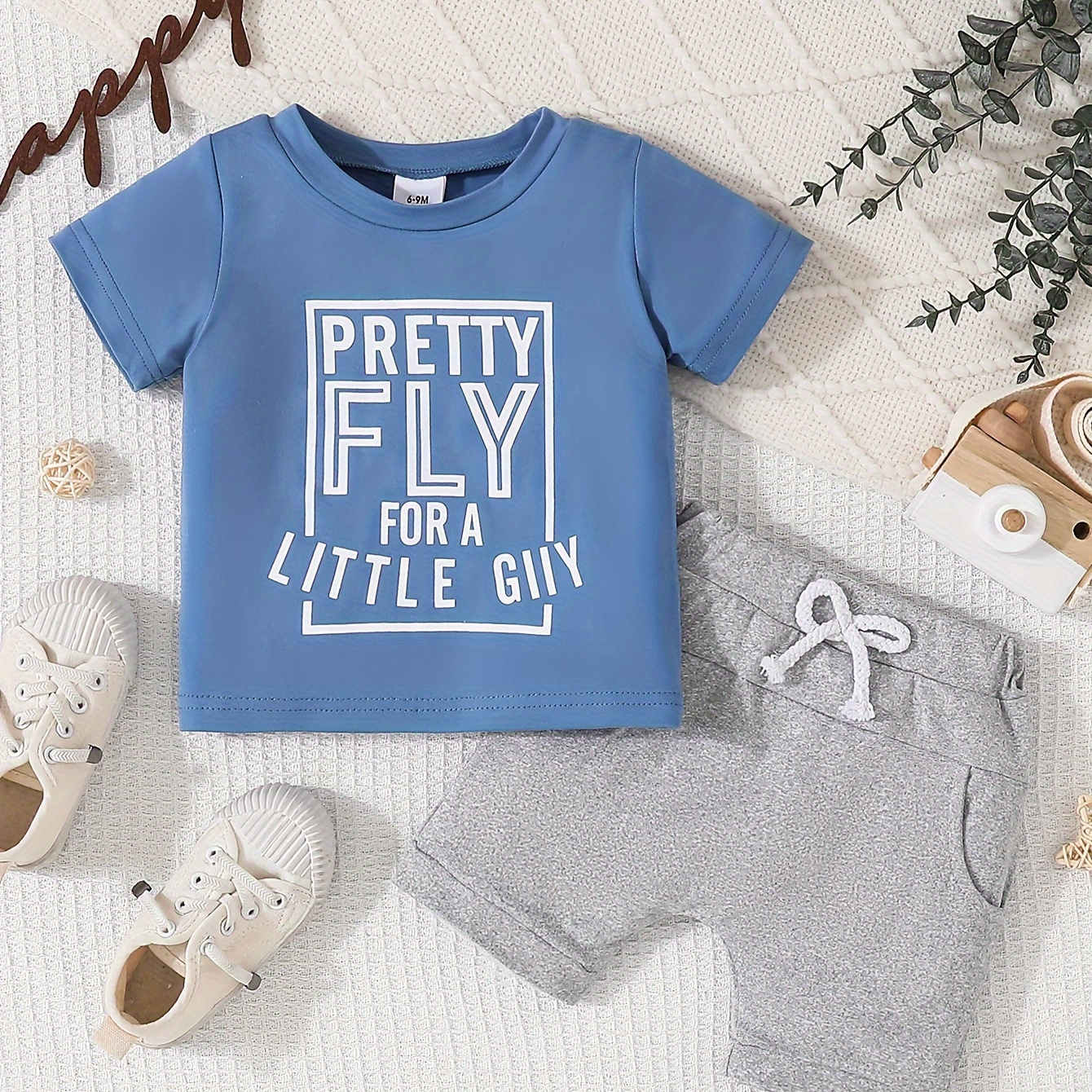 

2pcs Infant & Toddler's "pretty Fly For A Little Guy" Print Summer Outfit, T-shirt & Casual Shorts, Baby Boy's Clothes