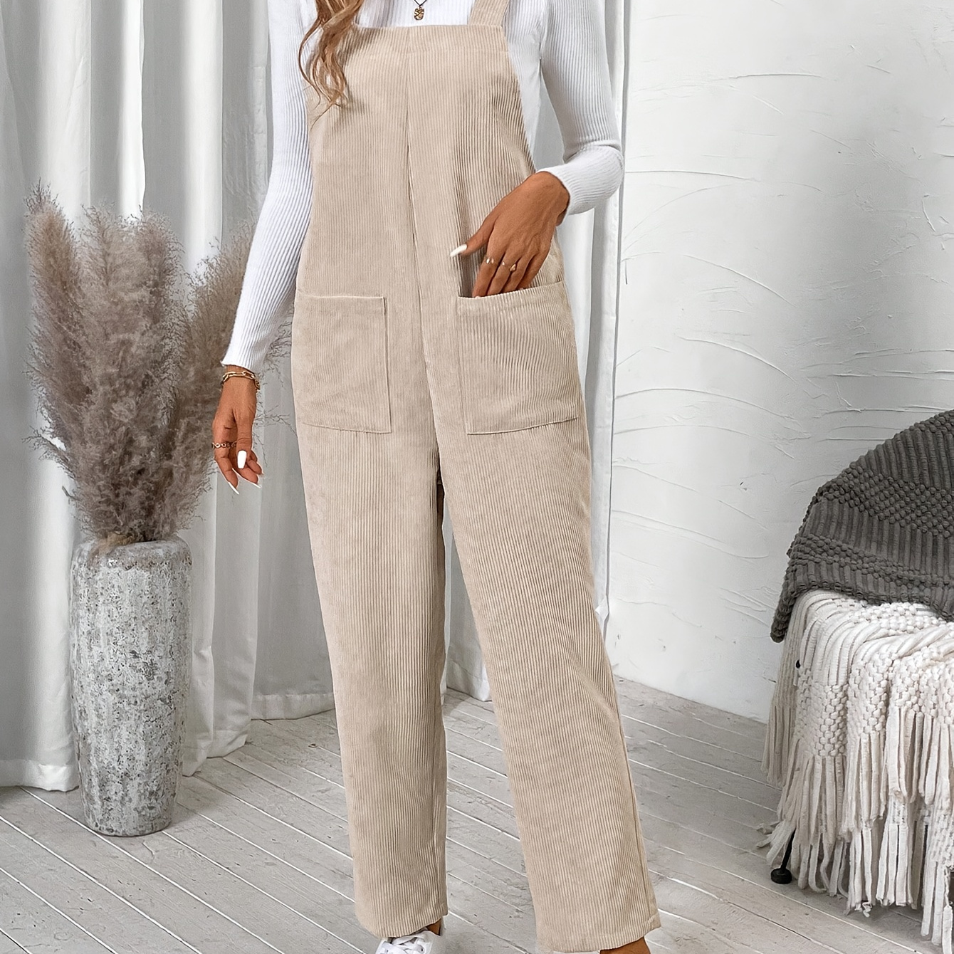 

Chic Corduroy Overalls For Women - Casual Solid Color With Dual Pockets, Machine Washable