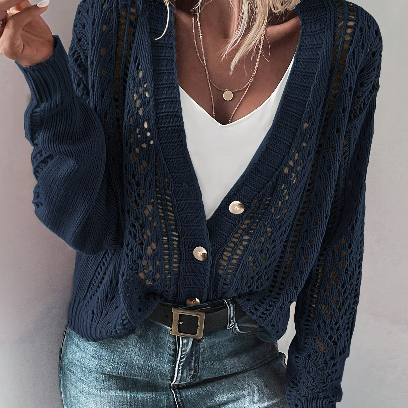 

Crochet Button Front Cardigan, Chic Solid Color Long Sleeve Cardigan For Spring & Fall, Women's Clothing