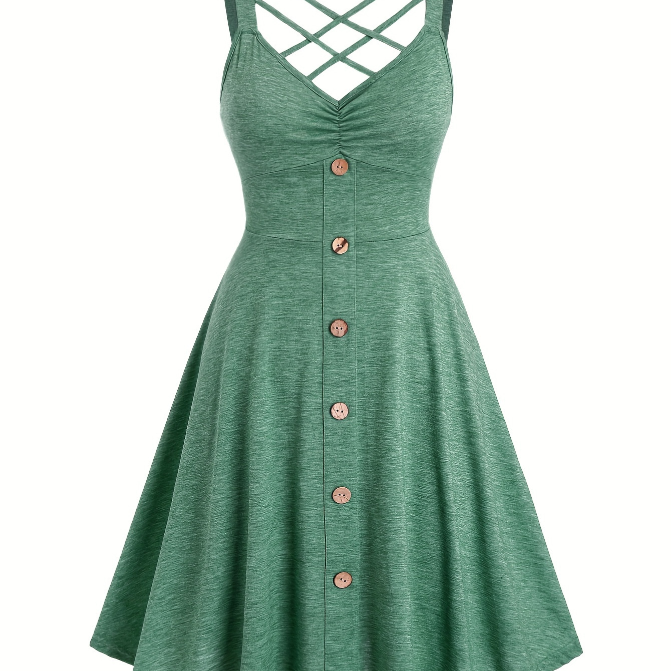 

Button Decor Ruched V-neck Tank Dress, Versatile Sleeveless Criss Cross Dress For Spring & Summer, Women's Clothing