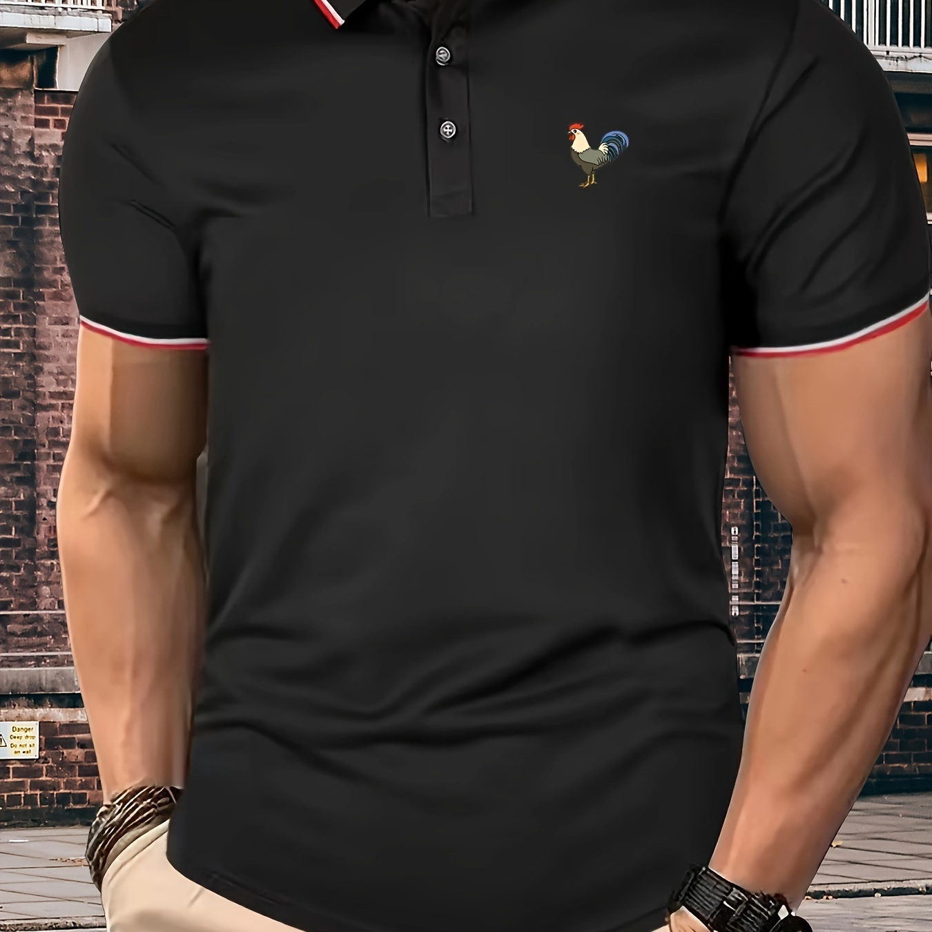 

Rooster Graphic Print Men's Creative Top, Casual Slightly Stretch Short Sleeve Button Down Lapel Polo Shirt, Men's Clothes For Summer Outdoor