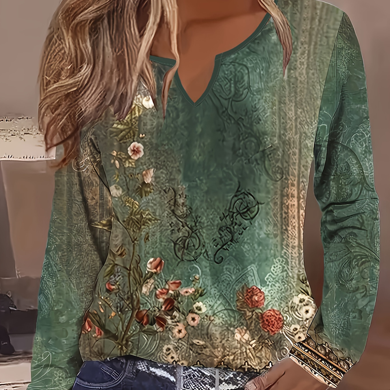 

Floral Print Notch Neck T-shirt, Casual Long Sleeve Top For Spring & Fall, Women's Clothing