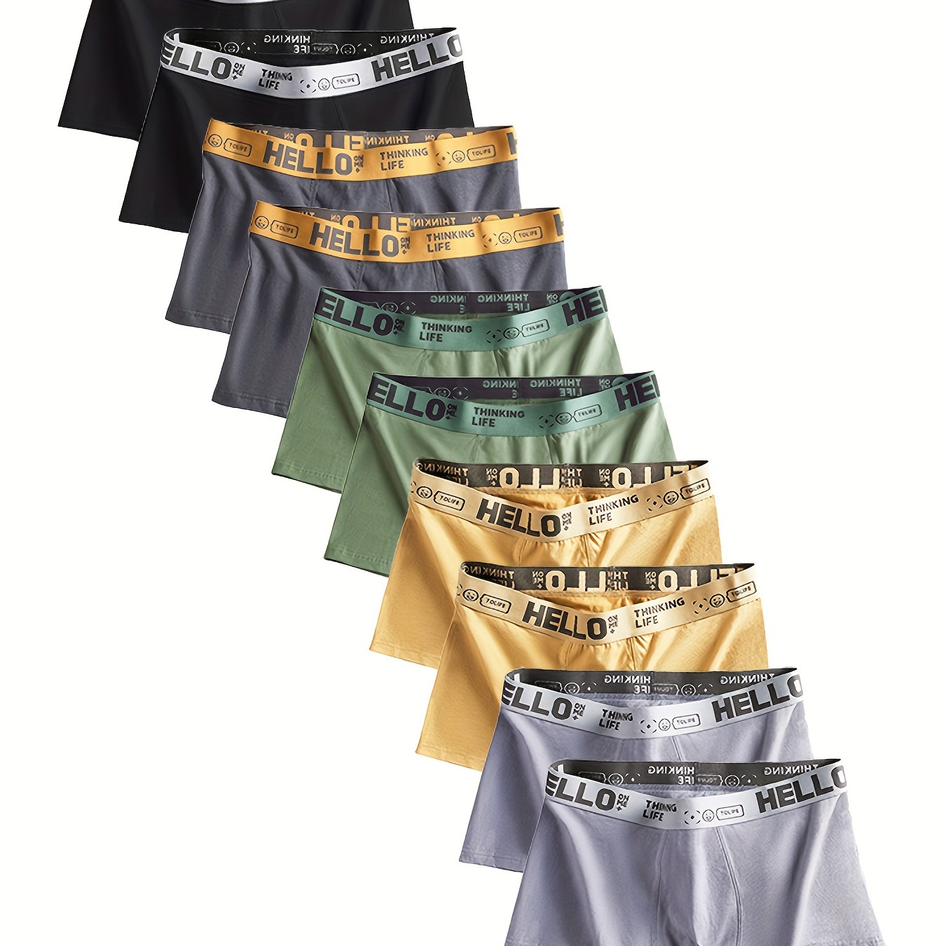 

10pcs Boxers et Confortables pour Hommes - Sous-vêtements de Sport Décontractés avec Bande "HELLO", Mélange de Polyester Respirant, Lavable en Machine, Couleurs Assorties