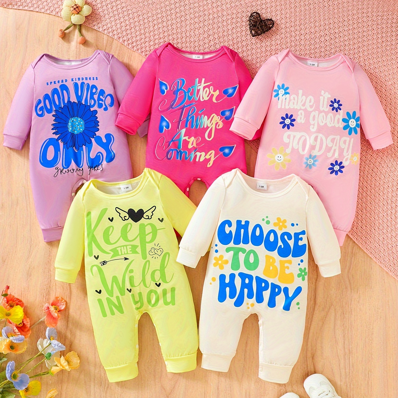 

Newborn Baby Girls Gift Package, Soft And Comfortable Cute Cartoon Pattern Letter Print Casual Jumpsuit Climbing Clothes Five-piece Elastic Set