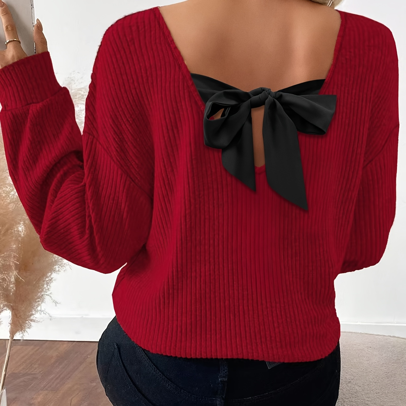 TEMU Plus Size - Plus Size - A Casual Loose-fitting Long-sleeve V-neck Shirt With A Bow On The Back, Stylish And Slightly Sexy