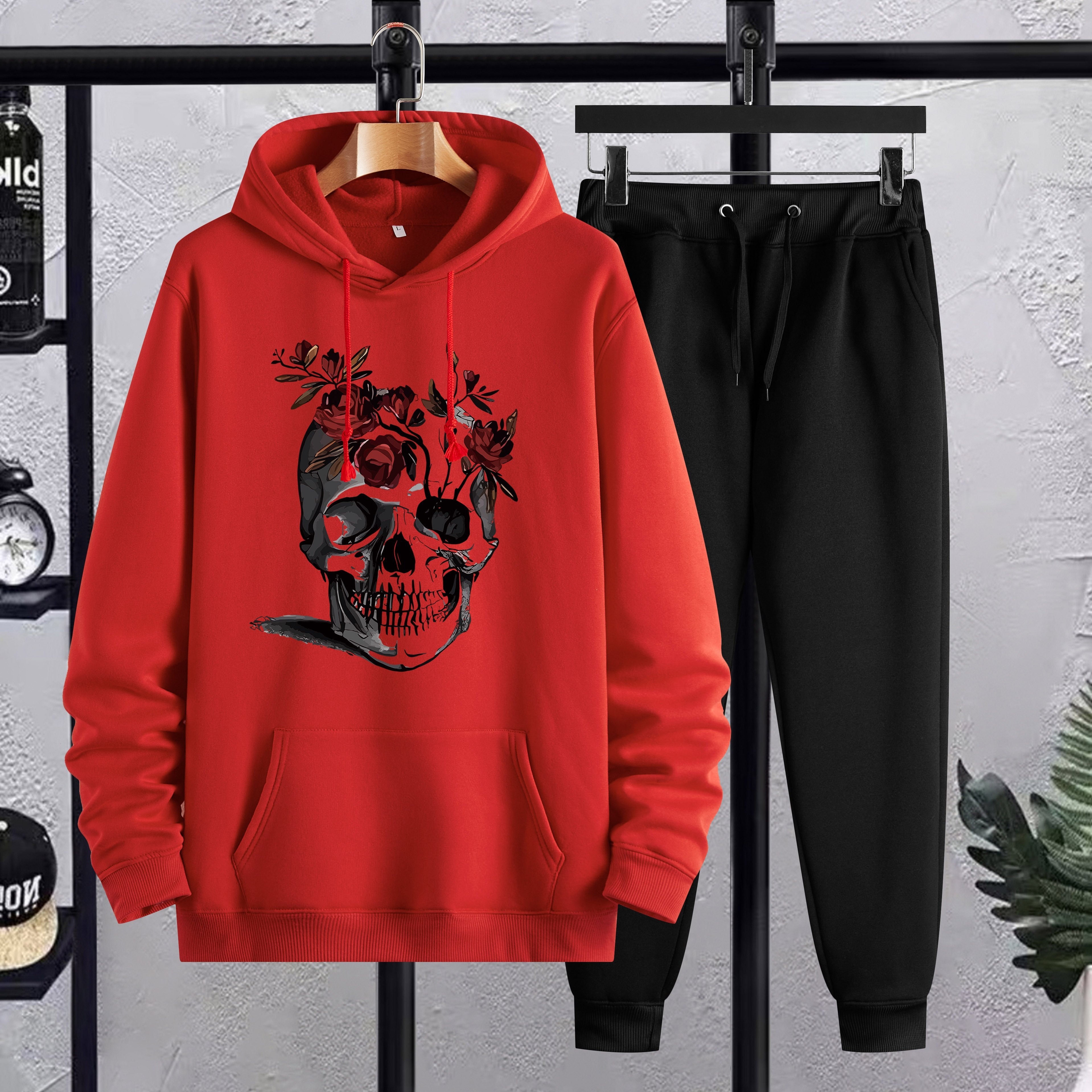 

Skull & Rose Print Men's 2 Pieces Outfits, Men's Drawstring Pocket Hoodie And Sports Trousers, Men's Casual Wear For Spring And Autumn