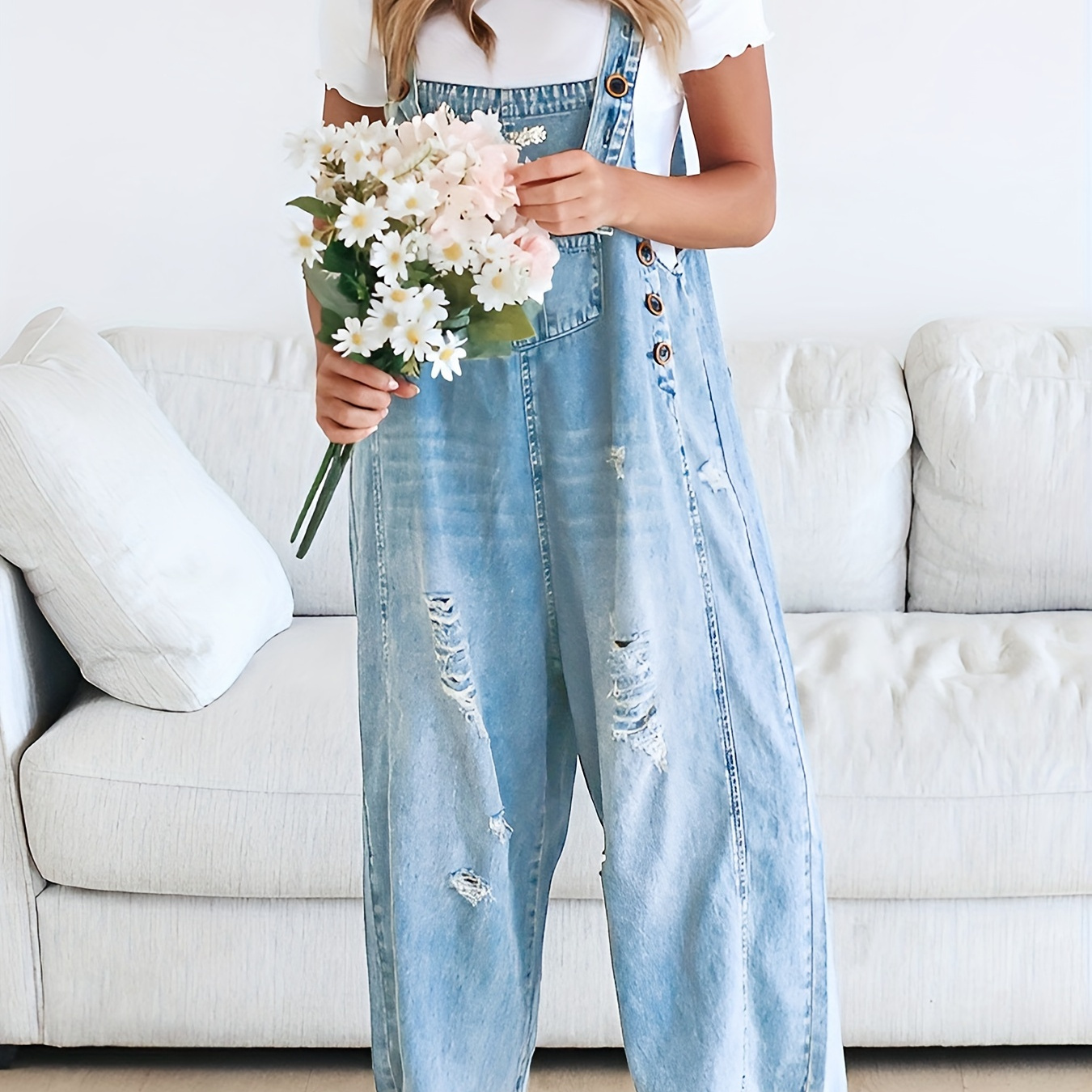 TEMU Casual Denim Overalls For Women Featuring A Loose Fit, Adjustable Straps, Distressed Design, And Pockets