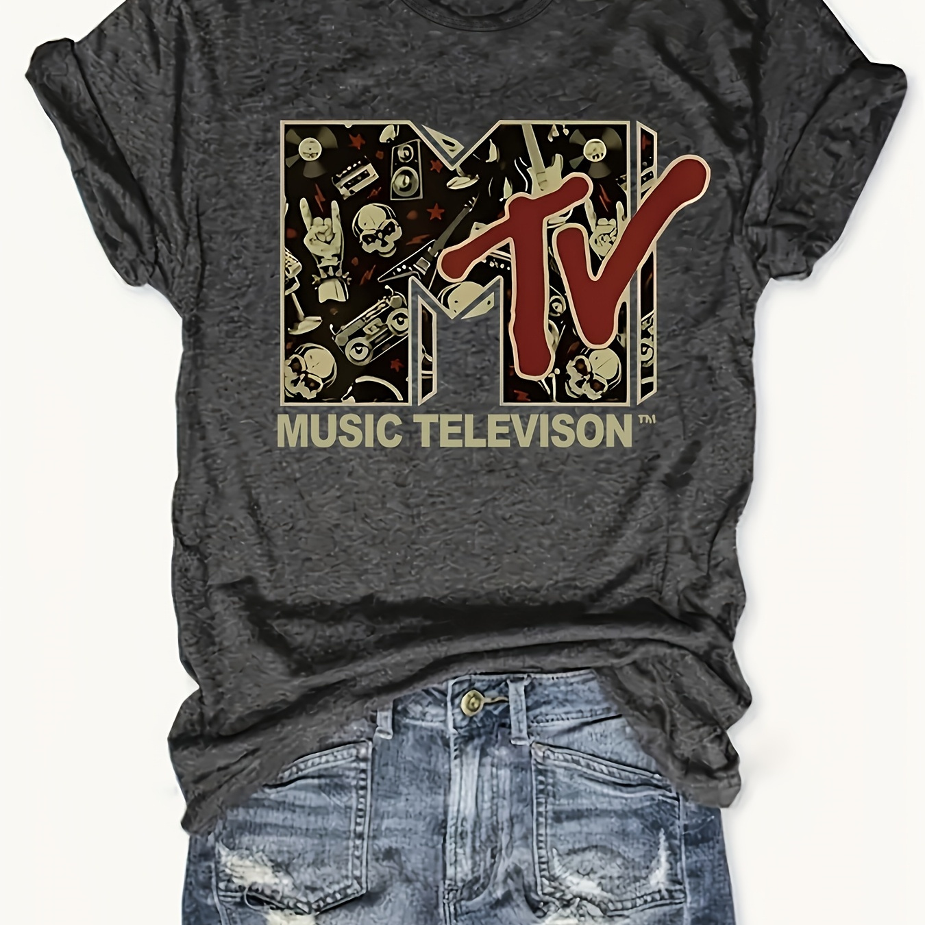 

Mtv Graphic T-shirt With Skull Print - Casual Crew Neck Tee, Polyester And Elastane , Medium Stretch, Geometric Pattern, Knit Fabric, Applique Detail, Suitable For Springsummerfall