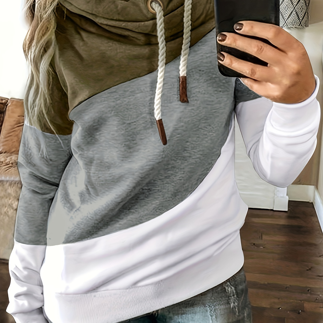 

Plus Size Casual Sweatshirt, Women's Plus Colorblock Long Sleeve Drawstring Hoodie