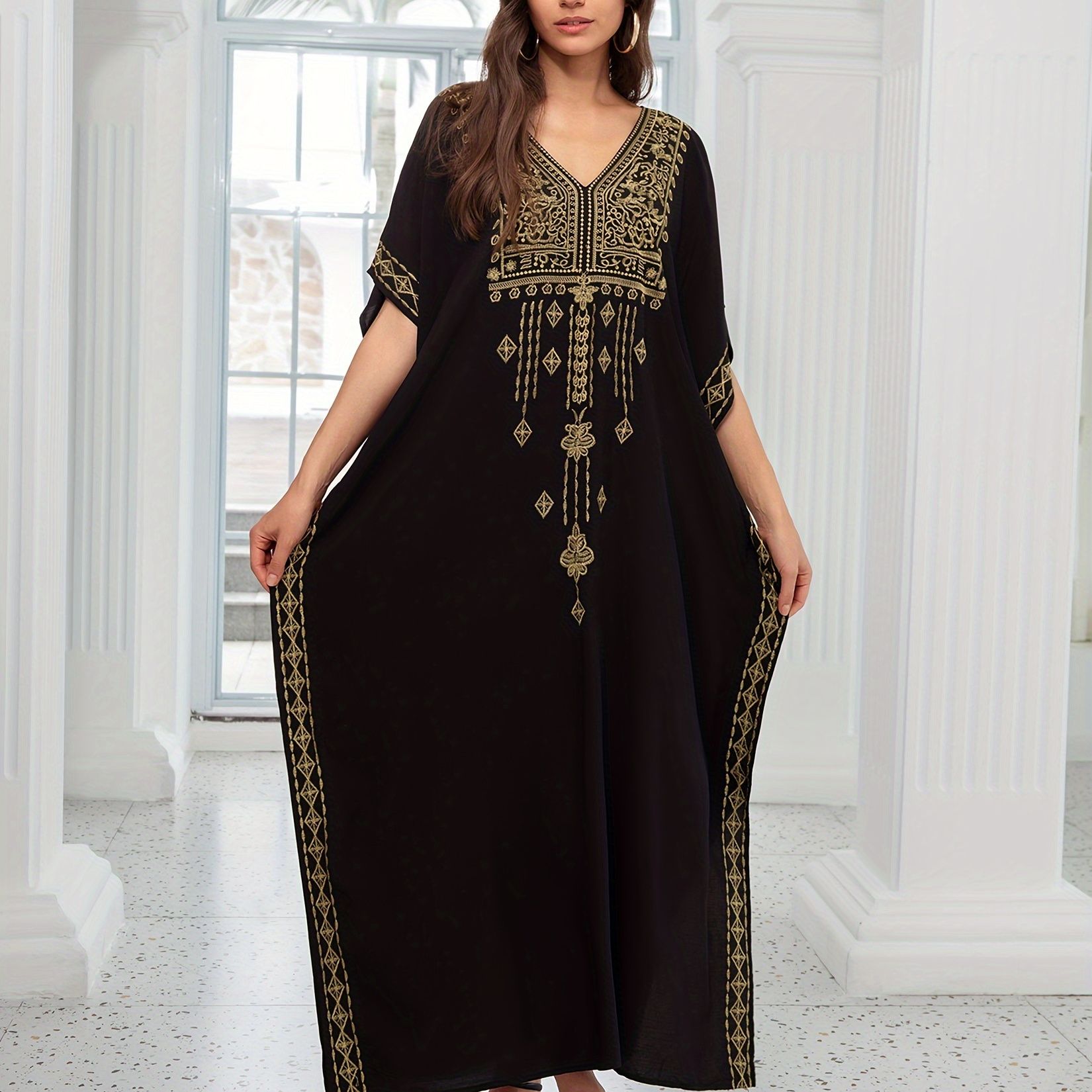 

Plus Size Embroidered Kaftan Dress, Casual V Neck Batwing Sleeve Slit Dress For Spring & Summer, Women's Plus Size clothing