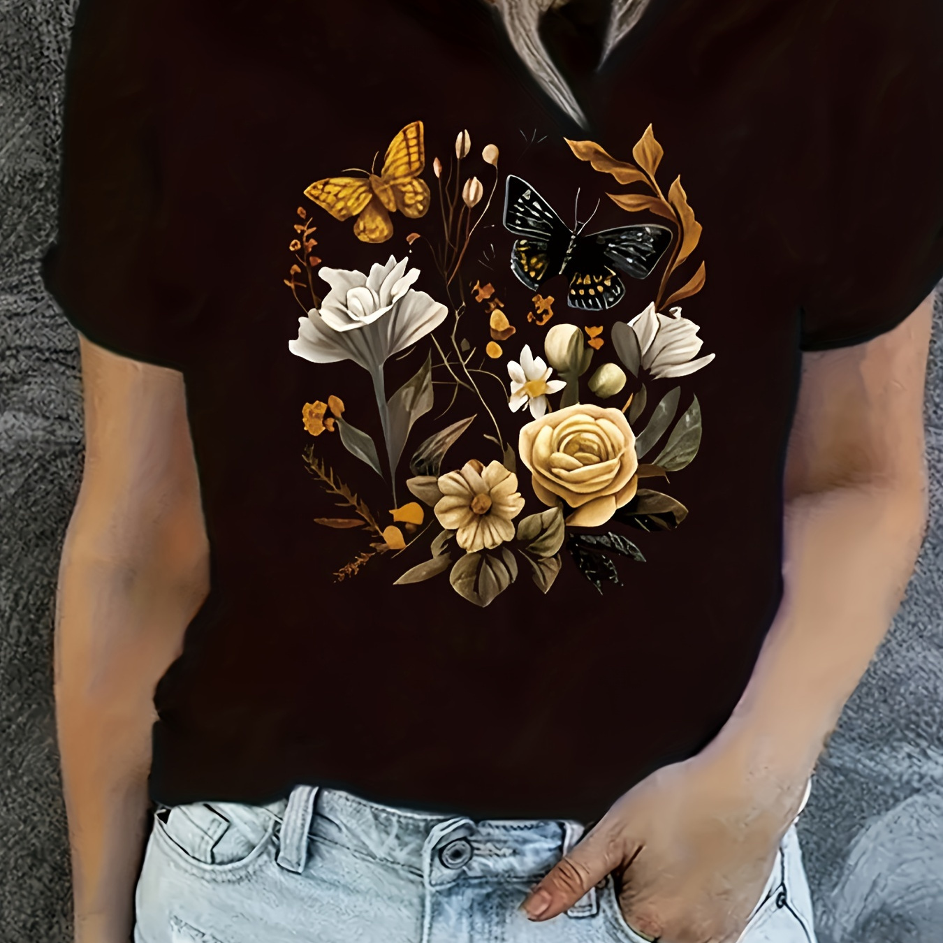 

Floral & Butterfly Print Crew Neck T-shirt, Casual Short Sleeve T-shirt For Spring & Summer, Women's Clothing