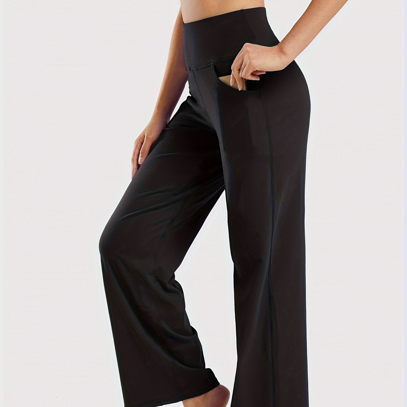 

Women's High-waist Tummy Control Yoga Pants With Pockets, Stretch Wide Leg Palazzo Pants, Elegant Fitness & Running Wear