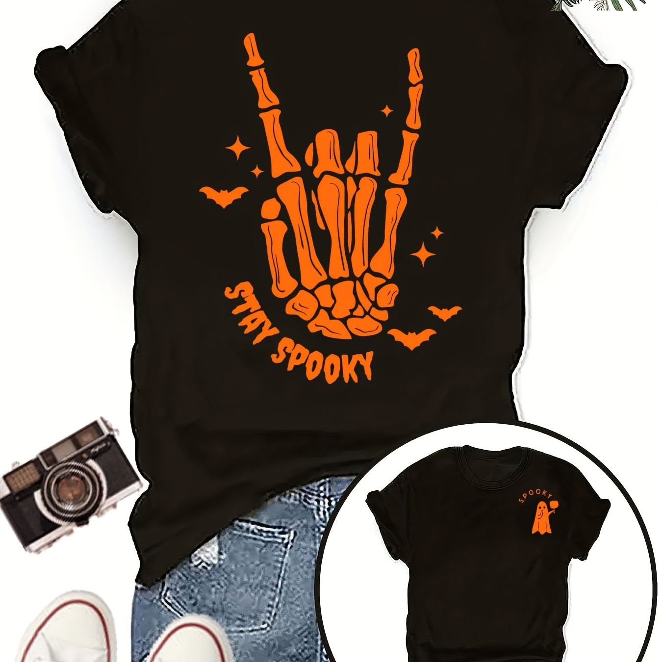 

Halloween Skull Hand Print T-shirt, Short Sleeve Crew Neck Casual Top For Summer & Spring, Women's Clothing