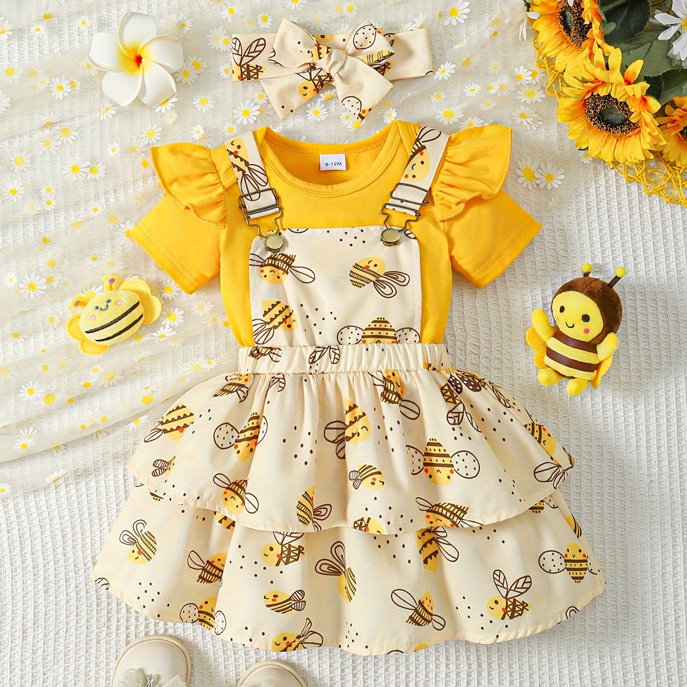 

Baby's Cartoon Bee Pattern 2pcs Lovely Summer Outfit, Bodysuit & Hairband & Suspender Overall Layered Dress Set, Toddler & Infant Girl's Clothes For Daily/holiday/party
