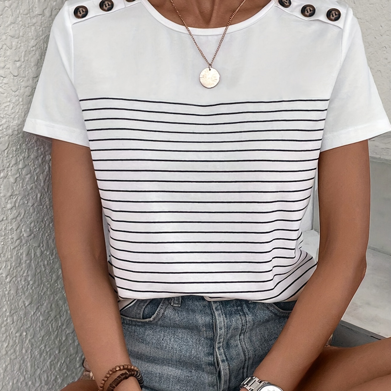 

Striped Print Patchwork Button Detail T-shirt, Casual Short Sleeve Crew Neck Top, Women's Clothing