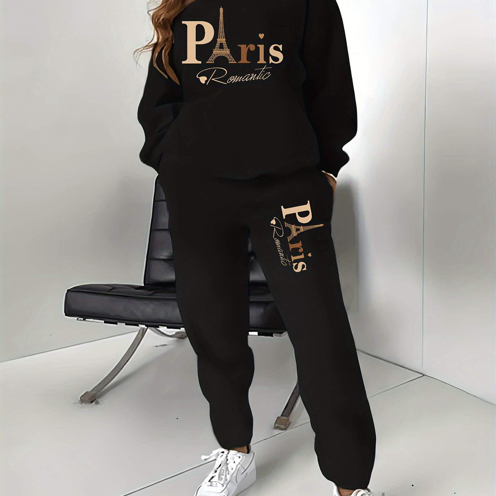 

Pantalons de ville décontractés imprimés Paris, sweat-shirt à col rond à manches longues et ensemble pantalon à double poches taille haute, vêtements pour femmes.