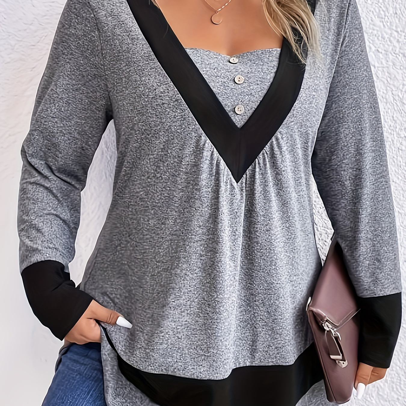 

Elegant V-neck Color Block Long Sleeve Top For Women - Stretchy Polyester & Spandex Blend, Machine Washable - Perfect For Fall/winter