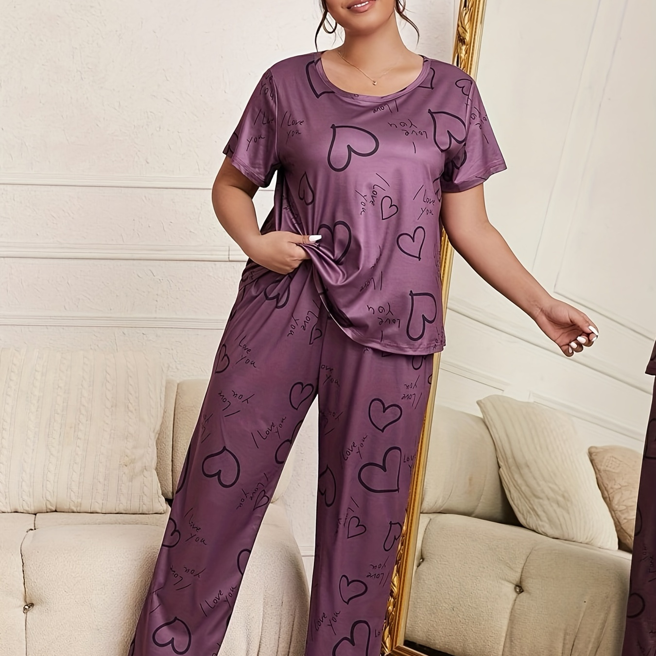 

Plus Size Casual Pajama Set, Women's Plus Heart & Letter Print Smooth Comfort Tee & Pants Set