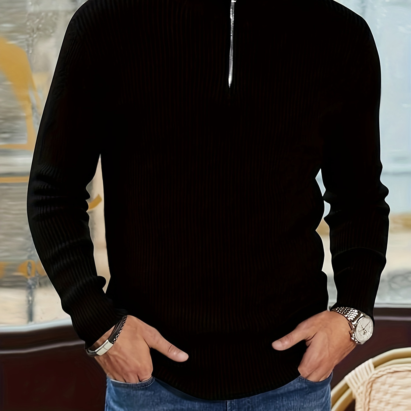 

Men's Cozy Knit Sweater For Fall/winter - Casual Half-zip Stand Collar, Long Sleeve, Ribbed Detail, Acrylic, , Plus Size Sweaters, Plus Size