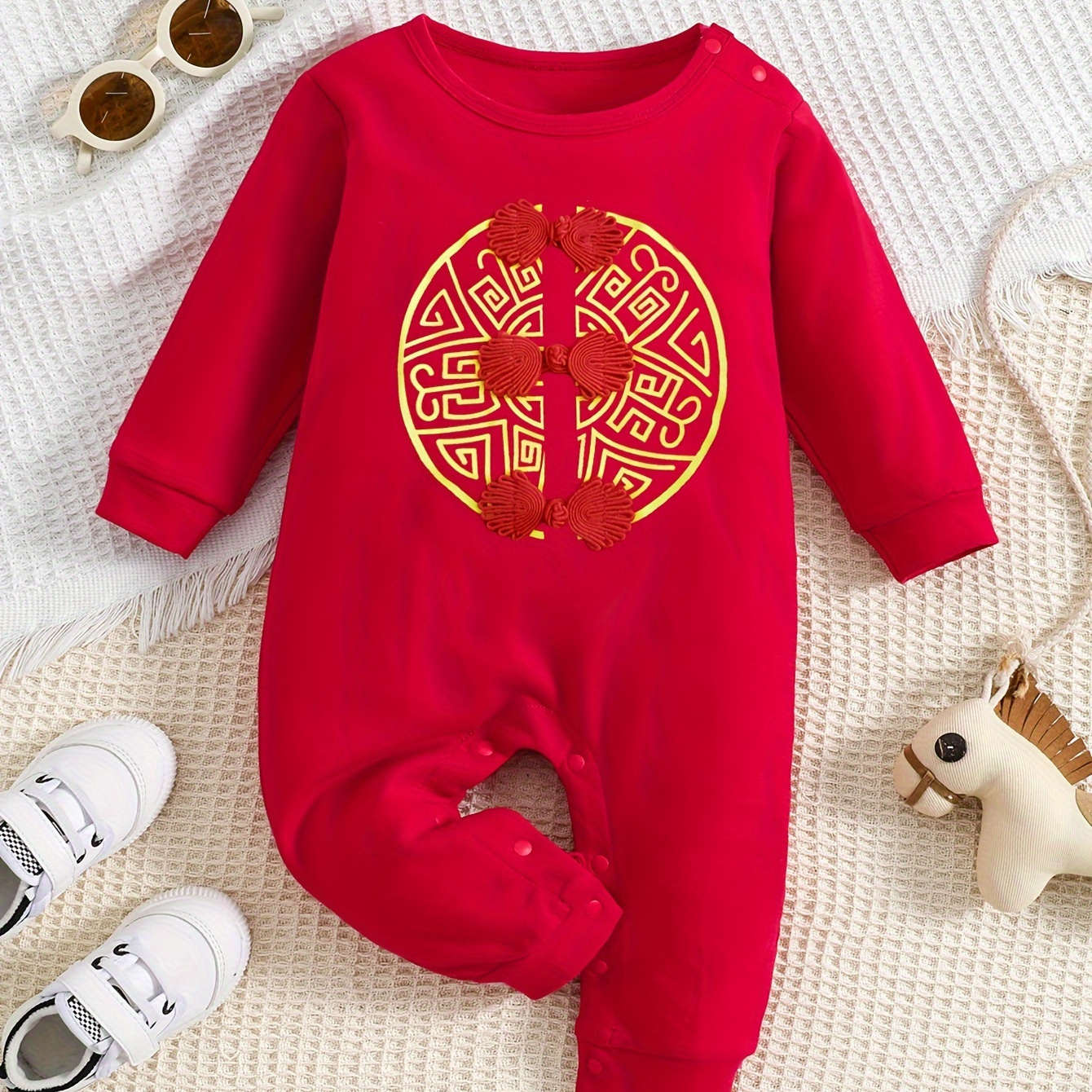 

Chinese New Year Tang Baby Suit, Pure Cotton Buckle Chinese Mascot Pattern Print Long Climbing Suit