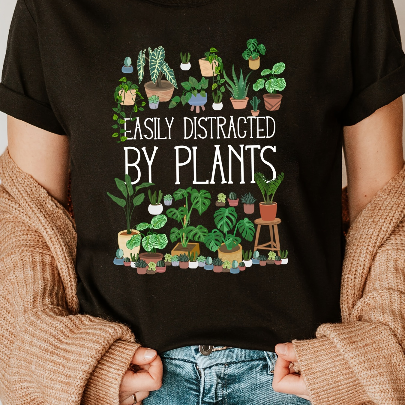 

Plants Print Crew Neck T-shirt, Casual Short Sleeve T-shirt For Spring & Summer, Women's Clothing
