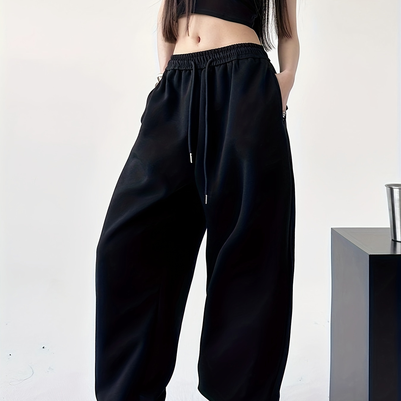 

Women' Color Polyester Jogger Pants - Casual High-waisted Baggy Fit Sweatpants With Drawstring For Fall/winter | Middle Eastern Style Knit Fabric Trousers