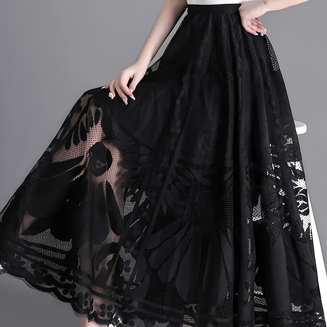 

Elegant Floral Print A-line Lace Dress With Fan Detail, Semi-sheer Polyester, Pleated Midi Skirt For Spring/summer/fall - Hand Washable