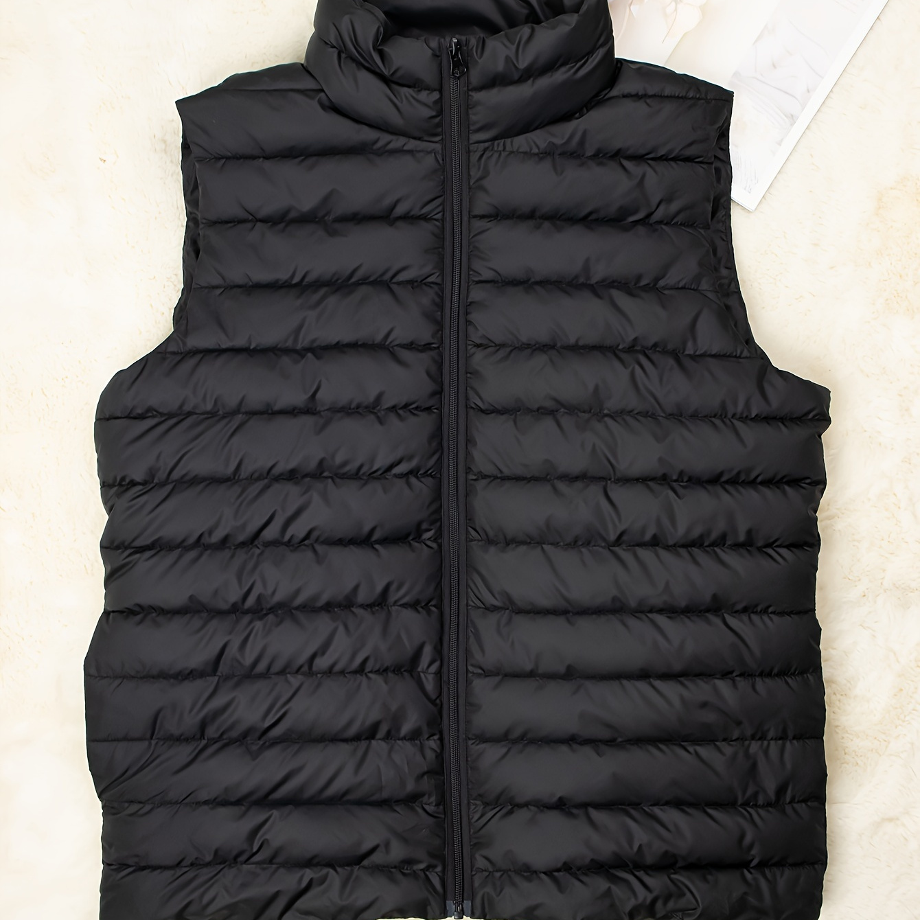 

Men's Classic Design Solid Puffer Vest, Casual Stand Collar Zip Up Sleeveless Jacket For Fall Winter