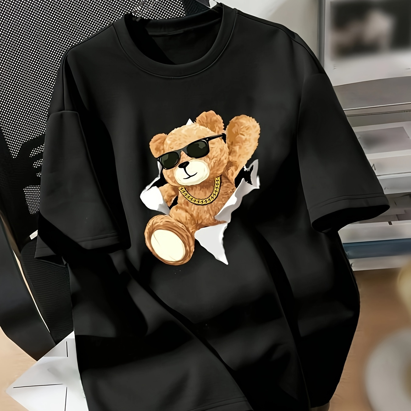 

1pc Women's Casual Polyester T-shirt With Cartoon Bear Graphic, Crew Neck, Short Sleeve, Knit Fabric, Regular Length - All Top