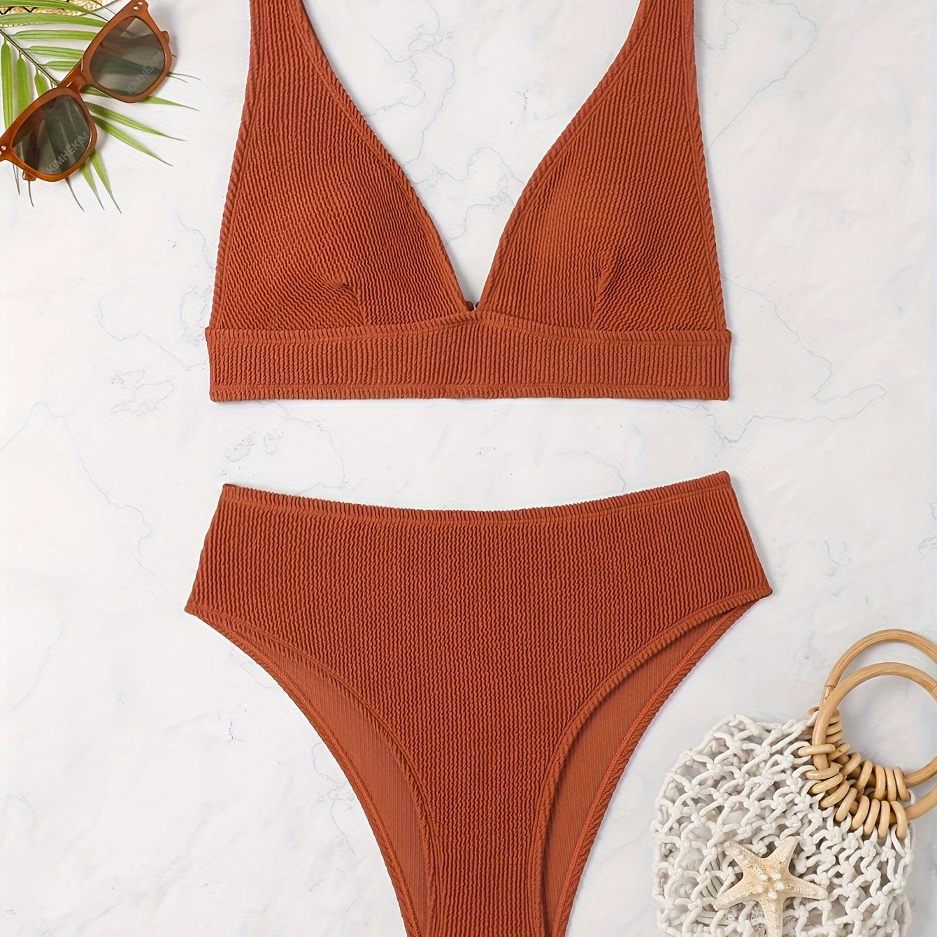 

Women's Ribbed Knit Two-piece Bikini Set, Deep V-neckline, High-waisted Bottoms, Beachwear, Summer Poolside