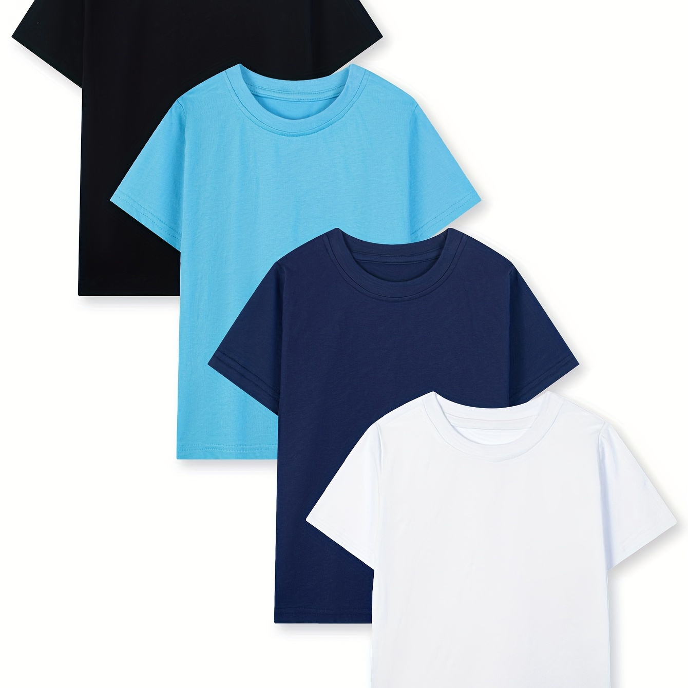

4 Pieces For Boys Medium And Large Boys Short Sleeve T-shirt Round Neck Pullover Cotton Casual Comfort Football Solid Color Basic T-shirt Top 6-12y