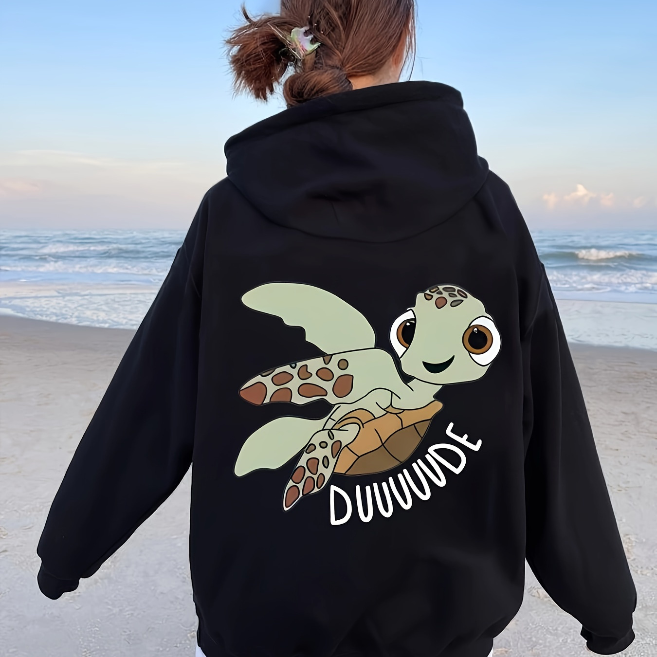 

Casual Polyester Hoodie For Women With Sea Turtle Graphic, 100% Knit Fabric, Geometric & Heart Patterns, Front Pocket - Relaxed Fit Hooded Sweatshirt For Spring/summer/fall