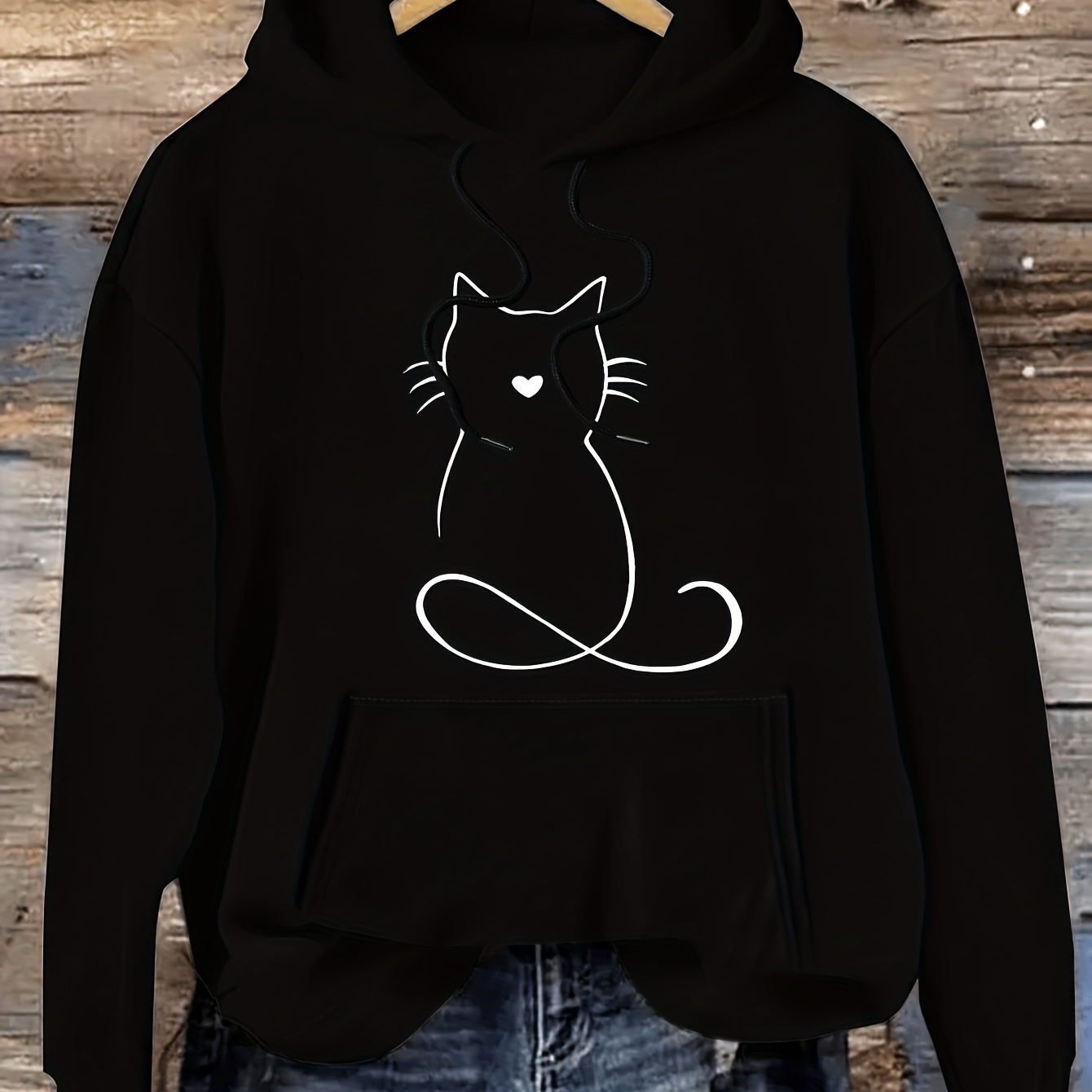 

Cozy Cat Print Kangaroo Pocket Hoodie - Casual Drawstring Pullover For Women, Cotton , Machine Washable - Fall & Winter