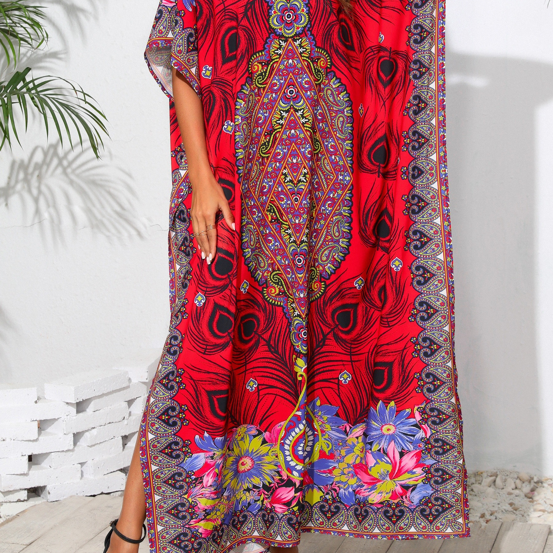 

Women's Boho Style Cover Up, Plus Size Allover Print V Neck Loose Fit Vacay Beach Kaftan Dress