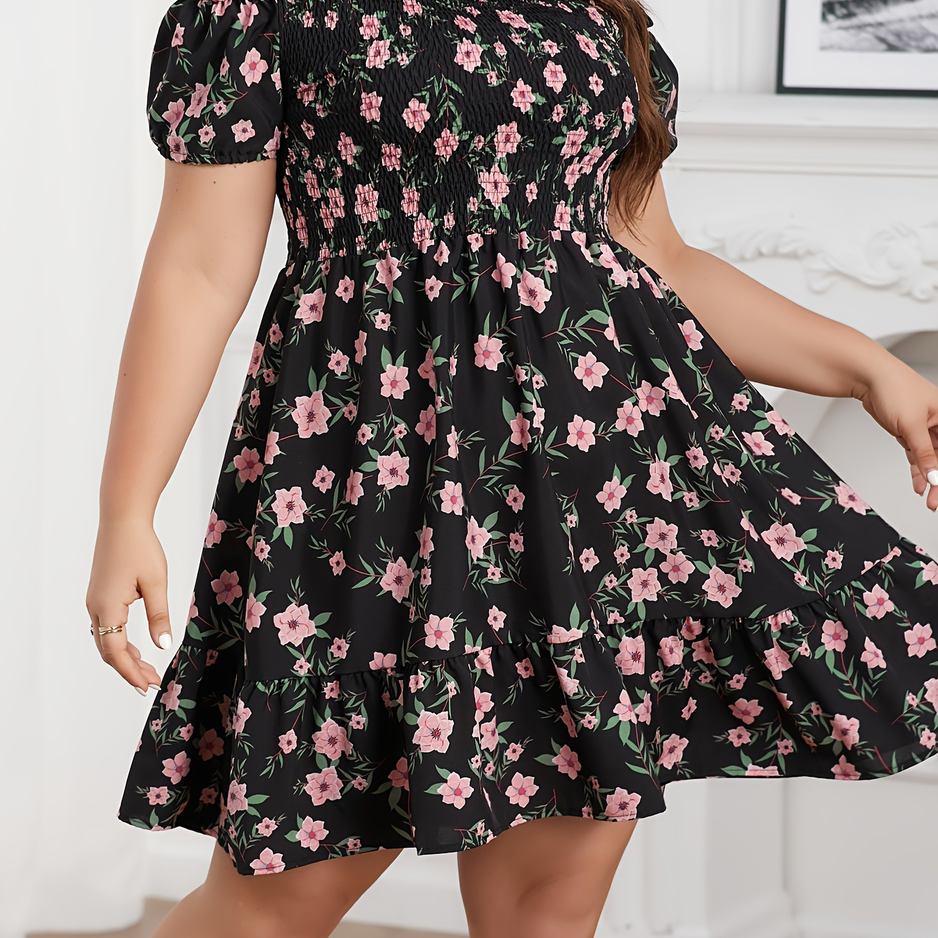 

Robe À Épaules Dénudées À Imprimé Floral De Grande Taille, Robe Décontractée À Manches Courtes À Taille Cintrée, Vêtements De Grande Taille Pour Femmes