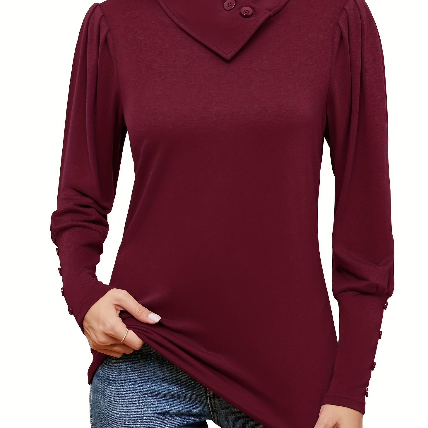 

Women' Puff Long Sleeve Shirts Button Cowl Neck Tops Tunics Wear With Leggings