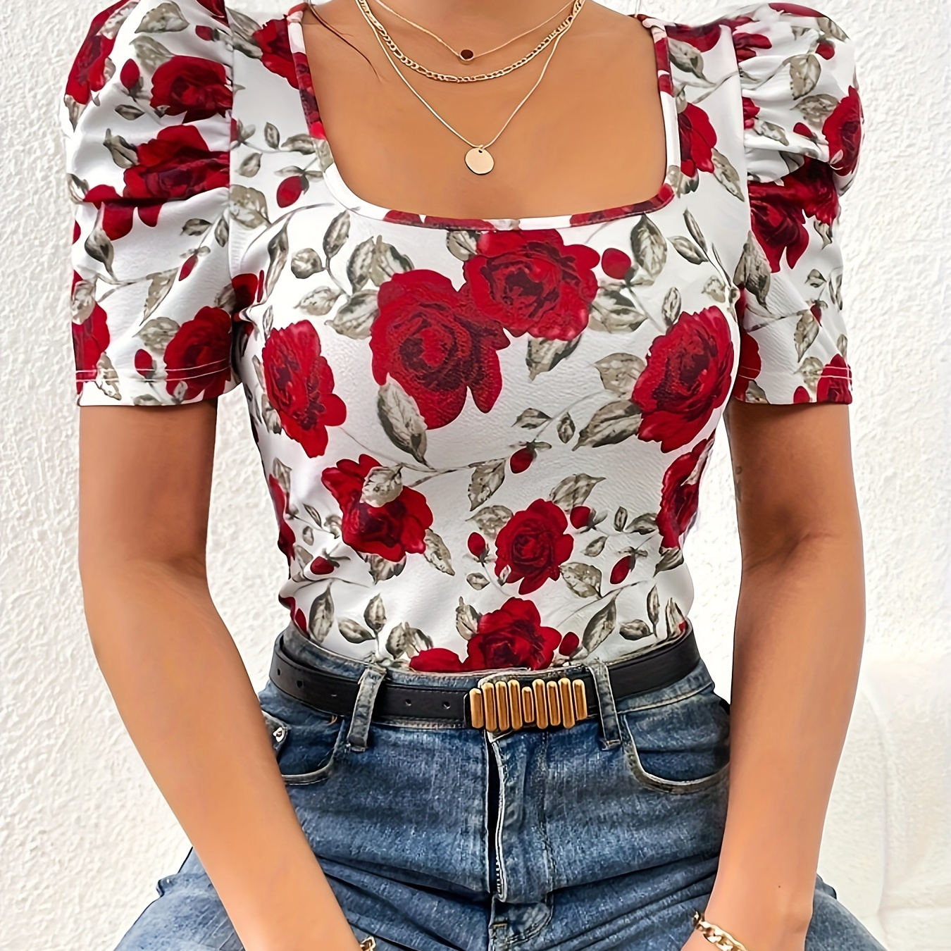 

Floral Print Square Neck T-shirt, Vintage Puff Sleeve T-shirt For Spring & Summer, Women's Clothing