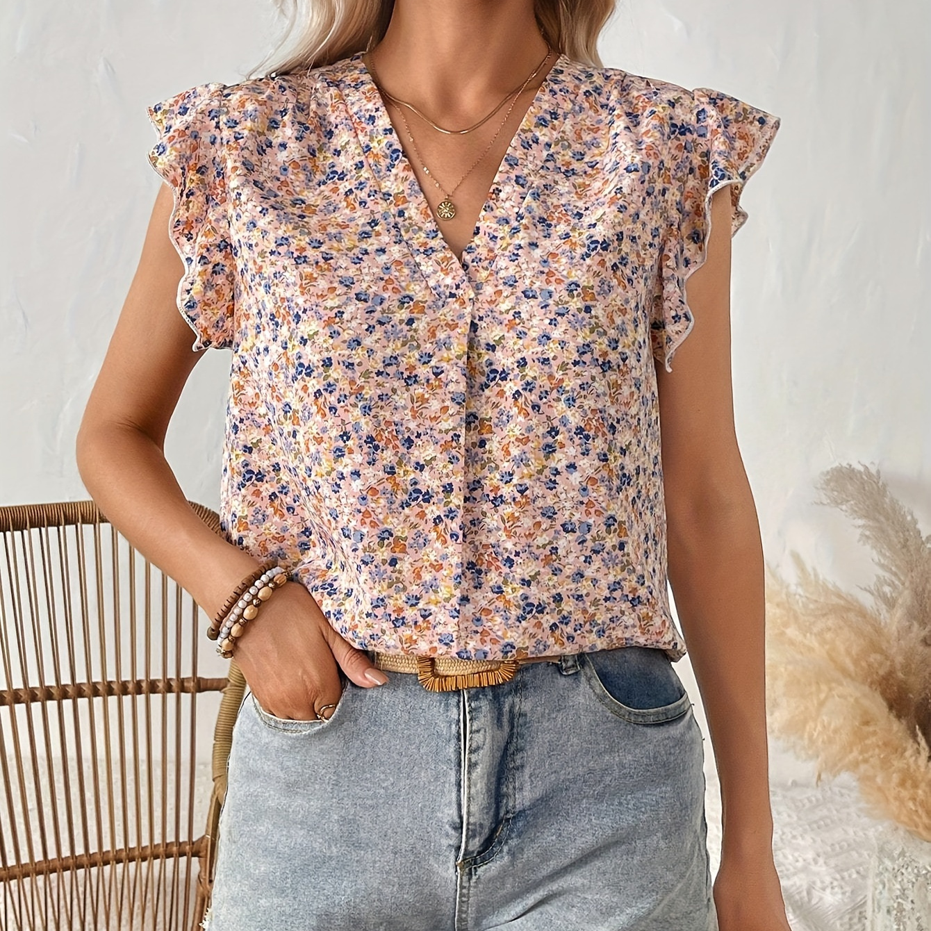 

Chemisier À Col En V À Imprimé Floral, Blouse À Manches À Volants Pour Les Vacances De Printemps Et D'été, Vêtements Pour Femmes