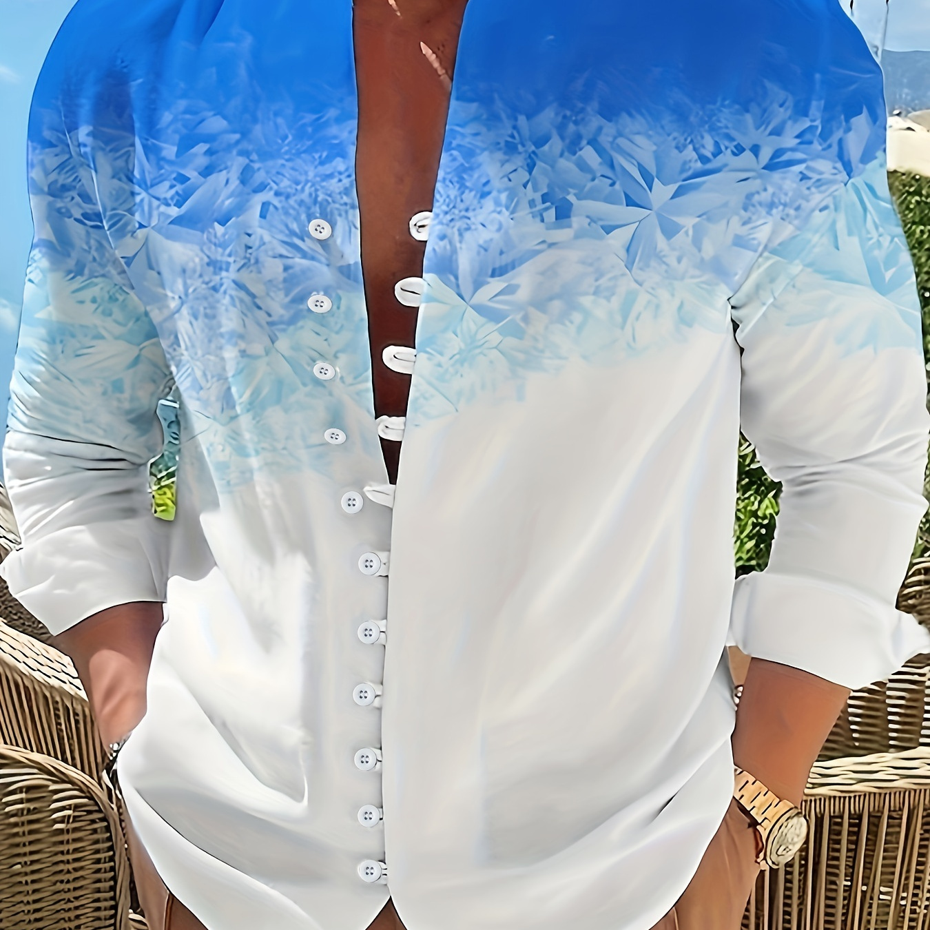 

Blue-white Gradient Floral Print Men's Long Sleeve Button Down Lapel Shirt For Summer Resort Holiday, Hawaiian Style