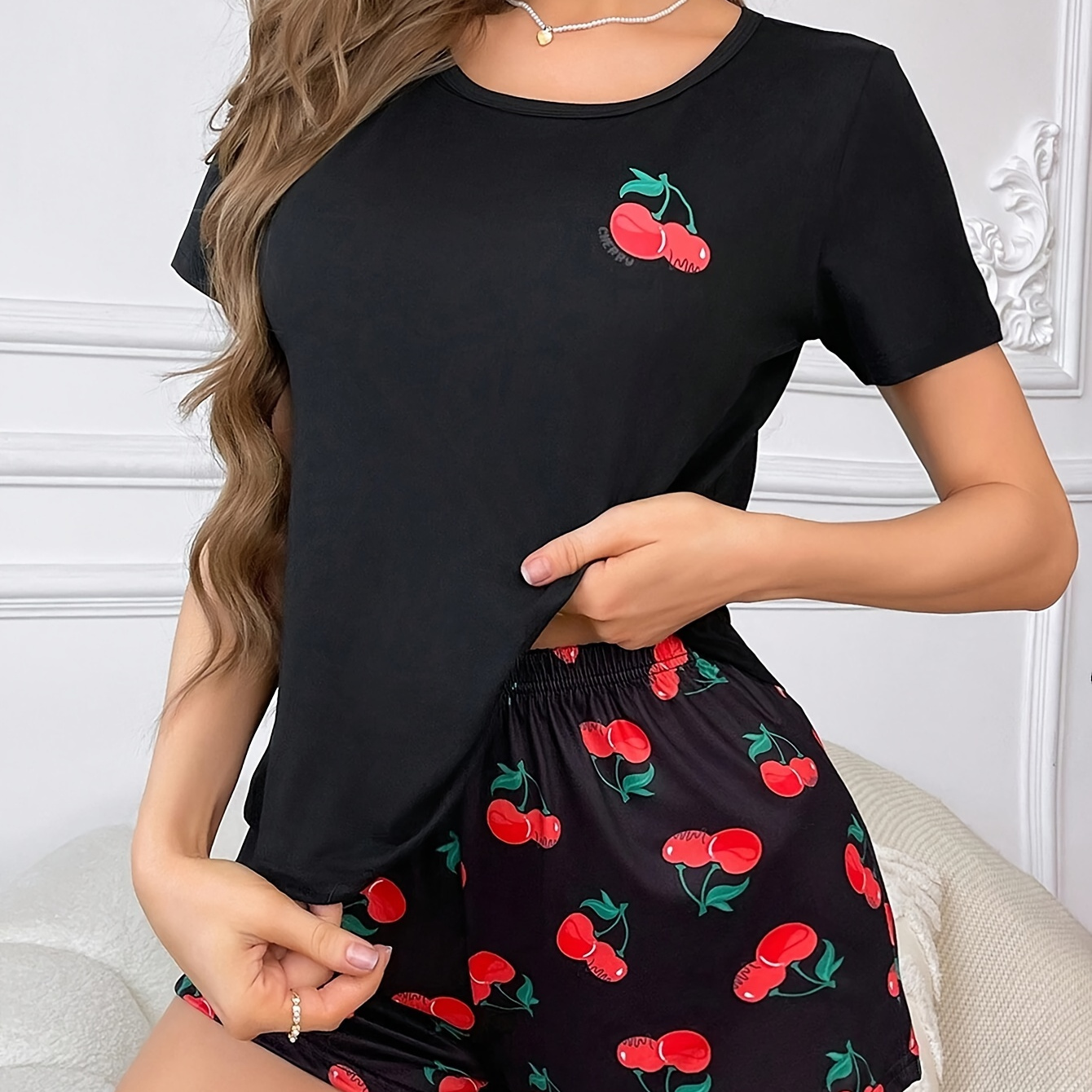 

Women's Cherry Print Cute Pajama Set, Short Sleeve Round Neck Top & Shorts, Comfortable Relaxed Fit