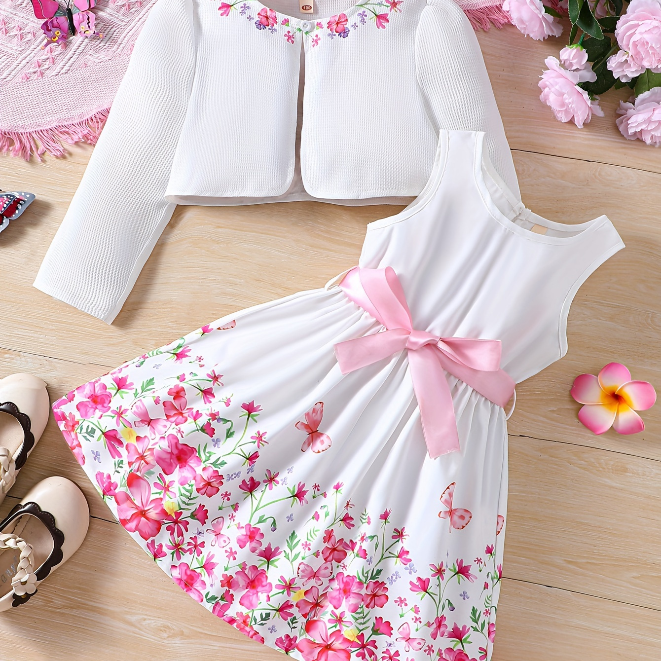 

Girl's Sweet Cute Outfit Long Sleeve Cardigan Top + Floral Graphic Sundress Set Two-piece Daily Holiday Summer Clothes