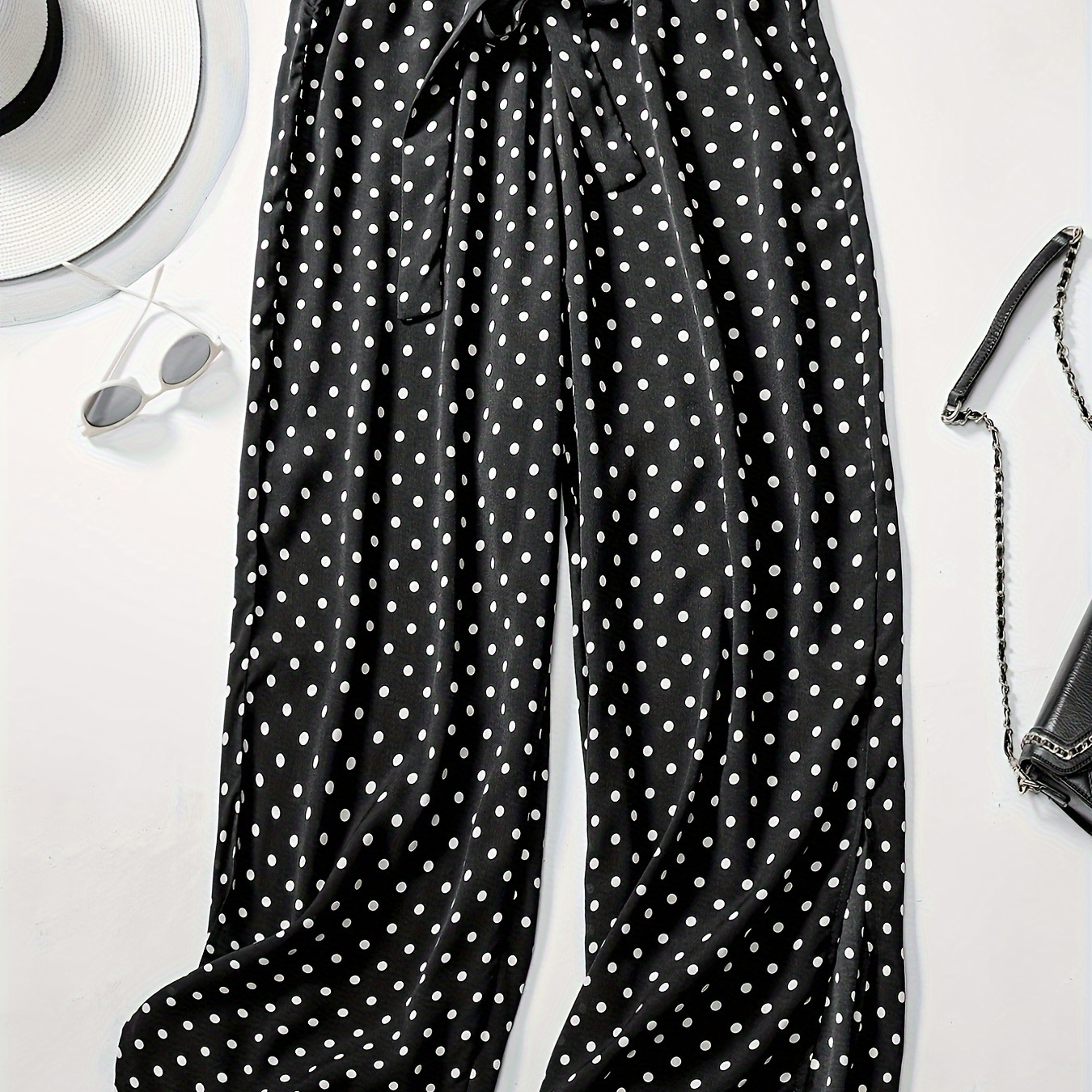 

Plus Size Polka Dot Print Pants, Elegant Tie Front Elastic Waist Pants For Spring & Summer, Women's Plus Size Clothing