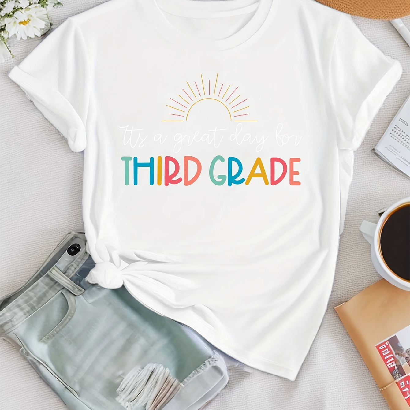 

Teachers' Day Third Grade Print T-shirt, Short Sleeve Crew Neck Casual Top For Summer & Spring, Women's Clothing