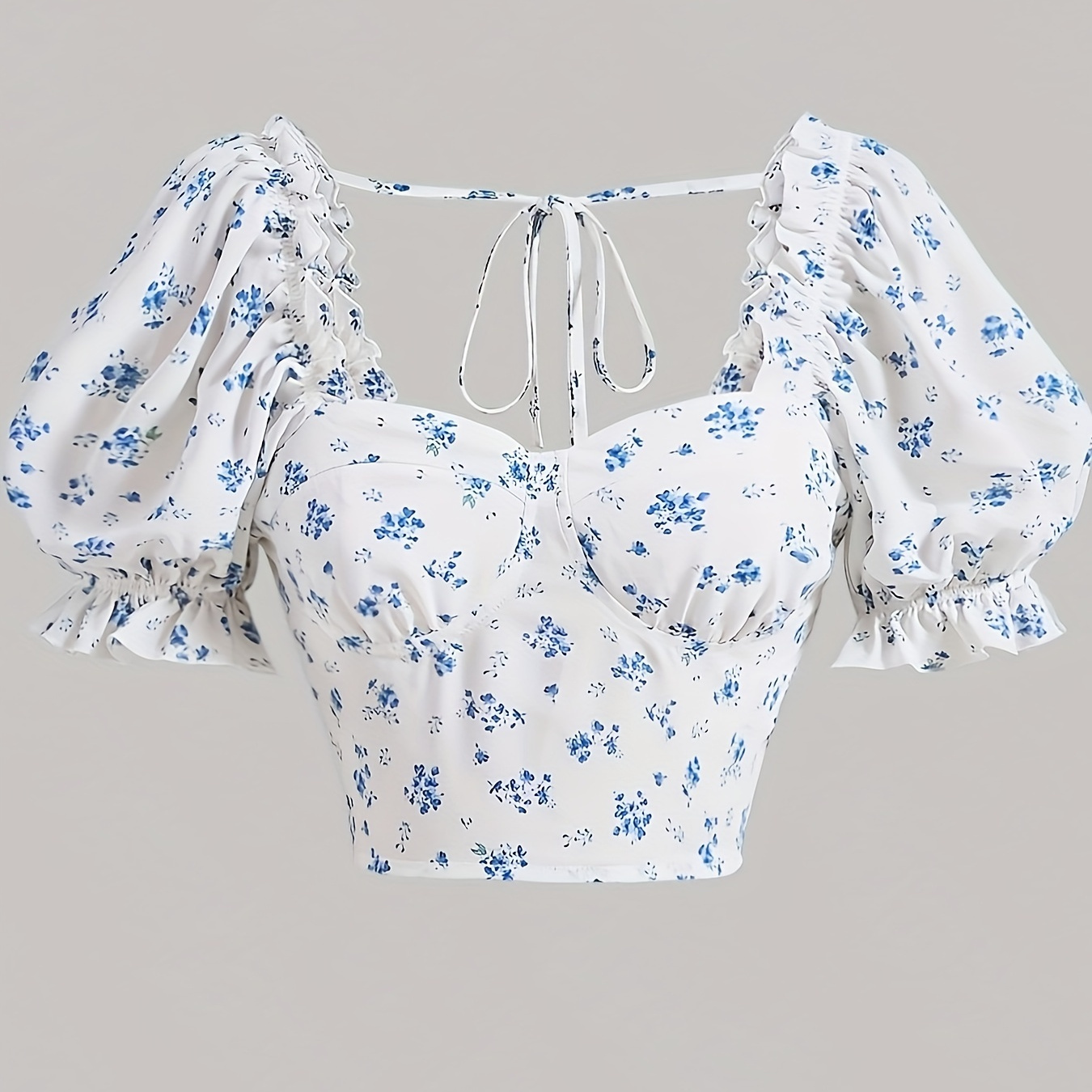 

Floral Print Ruffle Trim Crop Blouse, Elegant Puff Sleeve Crop Tie Back Blouse For Spring & Summer, Women's Clothing