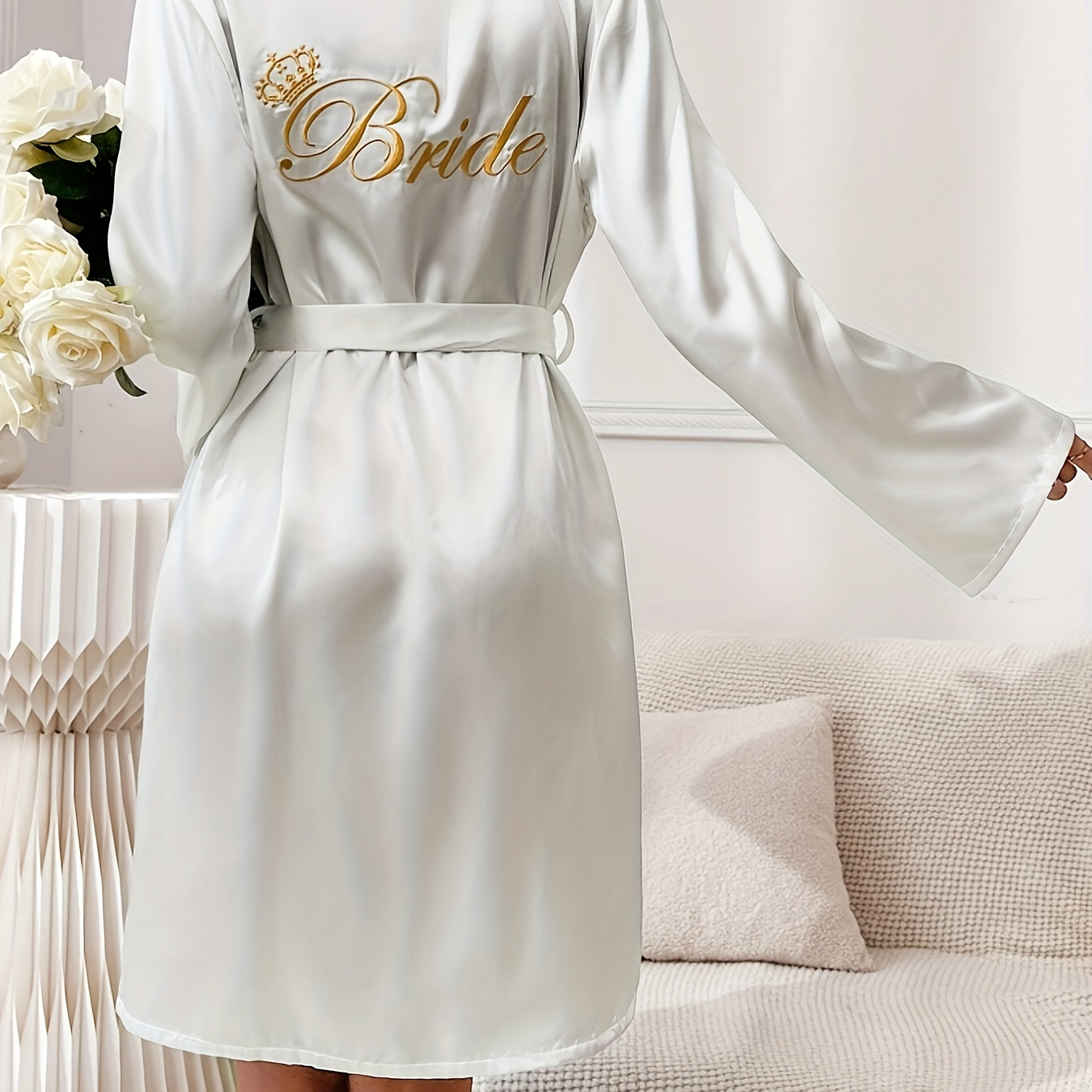 

Elegant Long Satin Robe For Women, "bride" Embroidery, V-neck, Solid Color, Polyester, Sleepwear, Bathrobe, Home Dress, Adult Size, Woven Fabric