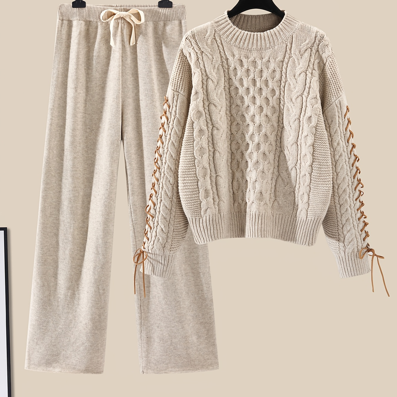 

Cozy Cable Knit Women's Outfit - Soft Long Sleeve Crew Neck Sweater & Drawstring Wide-leg Pants Set, Casual Polyester , Machine Washable