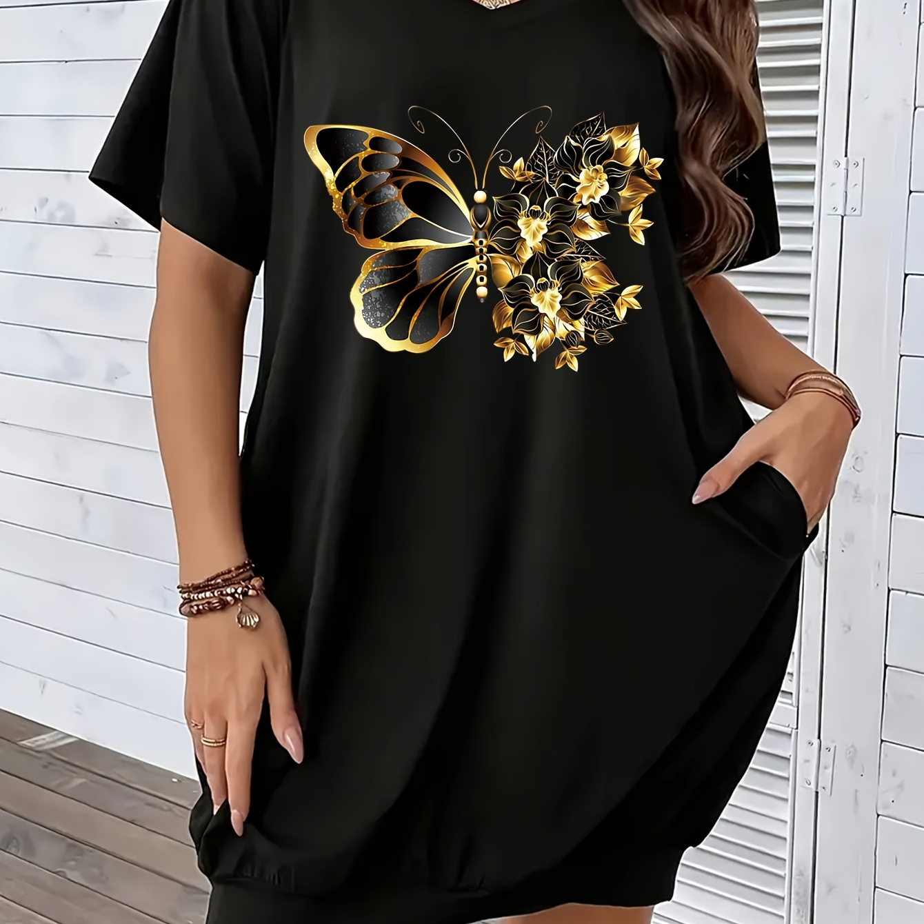 

Plus Size Print Dress, Casual Short Sleeve V Neck Dress For , Women's Plus Size Clothing