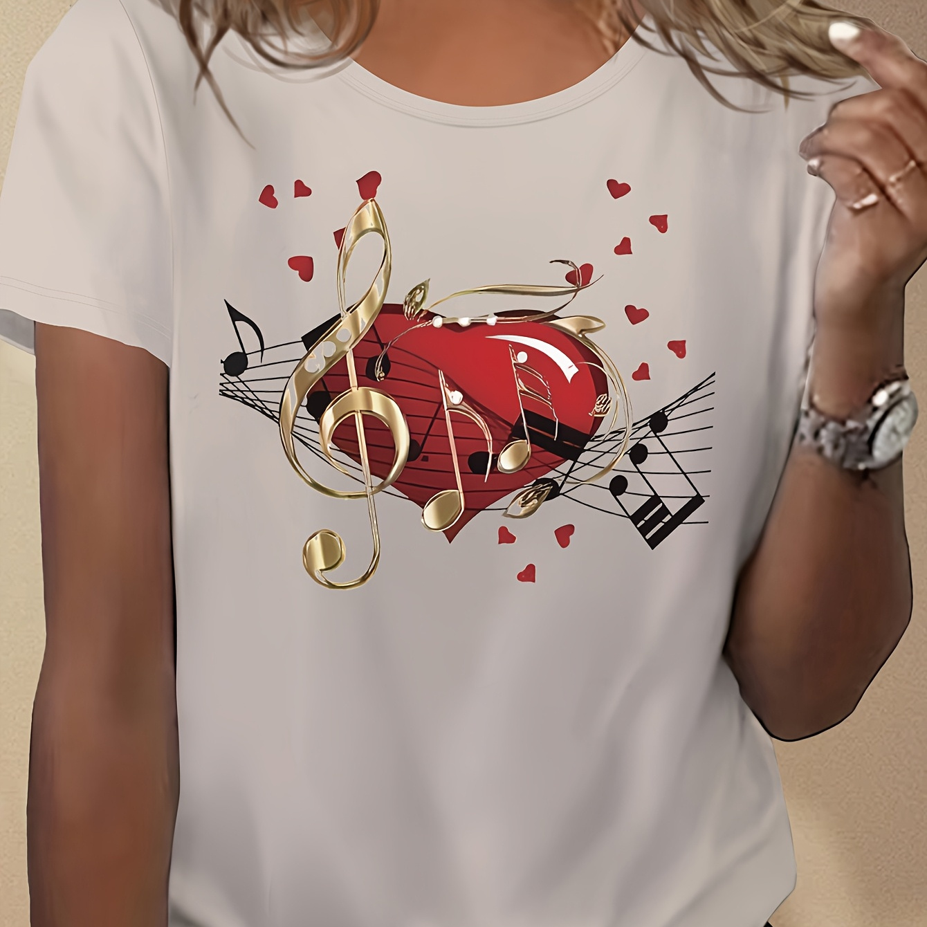 

Women's Casual Crew Neck T-shirt Music Note Print, Polyester 95% Spandex 5% Knit Fabric, Regular Length, Spring/summer Fashion Top