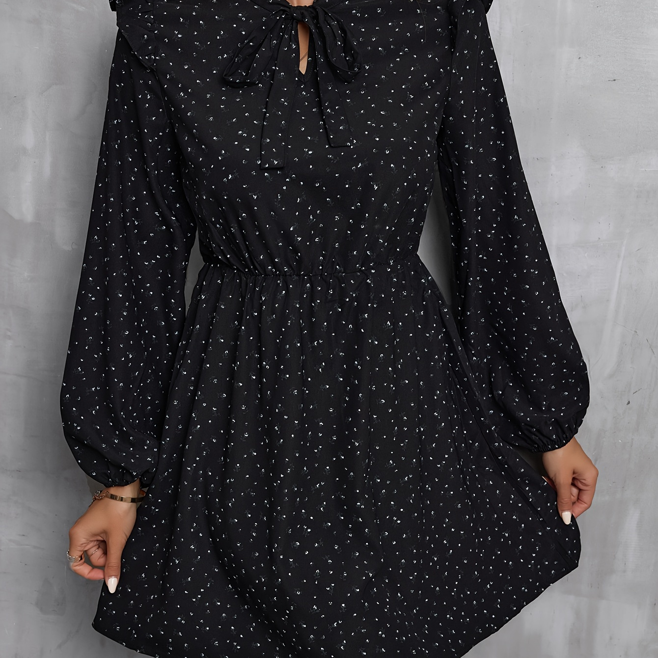 

Floral Print Tie Neck Dress, Elegant Long Sleeve Dress For Spring & Fall, Women's Clothing